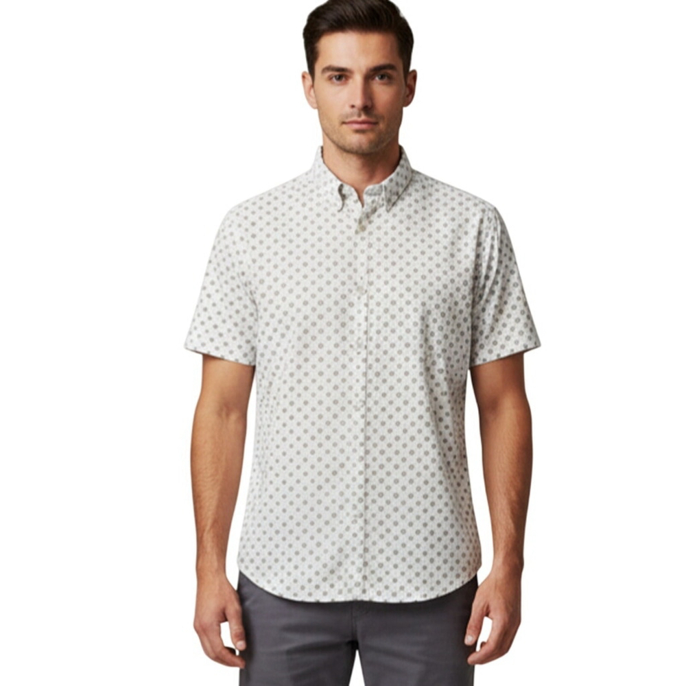 Denim Flower Geometric Short Sleeve Top Button Up Small